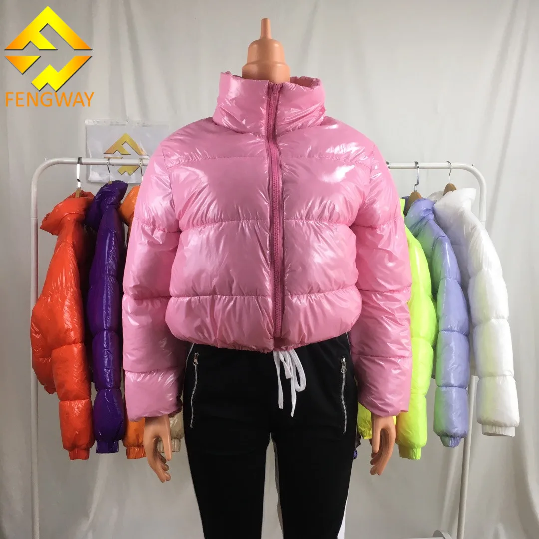 

2021 Hot Selling Warm Puffer Jacket Women Shiny Bubble Coats Stand Collar Zipper Pocket Crop Top Jacket Winter outfits for women, Picture