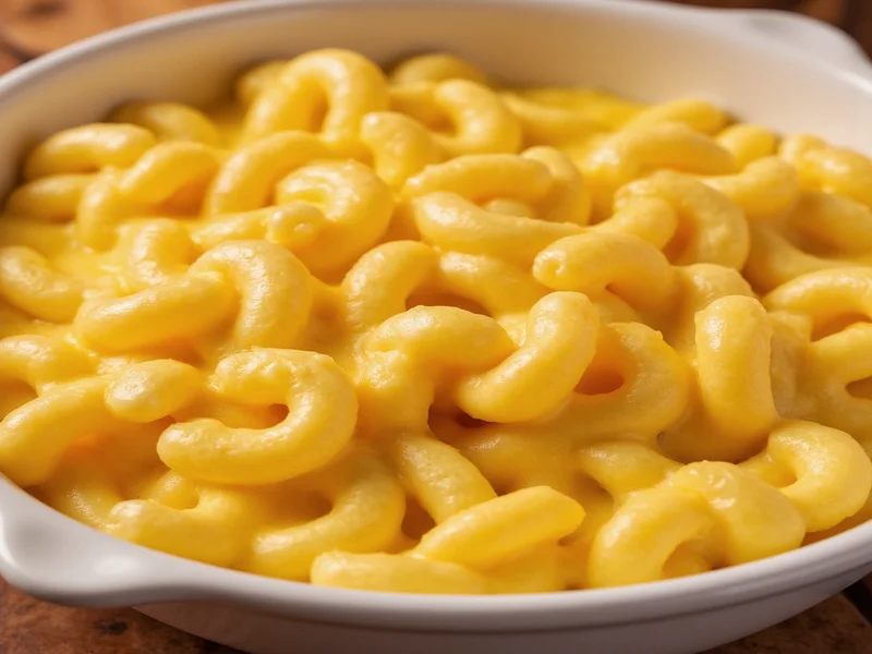 Close-up of creamy velveeta mac and cheese texture in ceramic dish