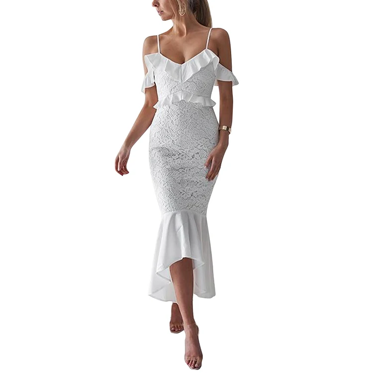 

S2138 Close Fitting Floral White Lace Sling Dress Asymmetrical Hem Summer Women Bodycon Dress