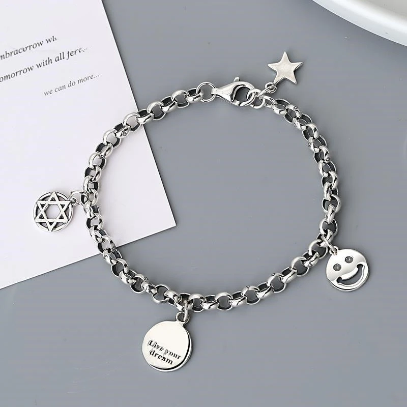 

HONGTONG Factory Direct Sales Amazon Explosion S925 Silver Five-Pointed Star Smiley Face Star Letter Pearl Bracelet