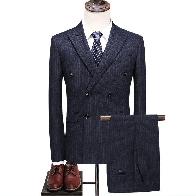 

MXZ60 Business Slim Striped Double Breasted Suit Men Suits 3 Pieces Men's Suits