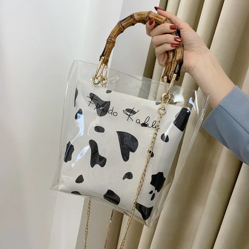 

Fashion lil girls animal cow strawberry milk print purses mini clear transparent bamboo handbag purse cute bag for women 2021, Multi color