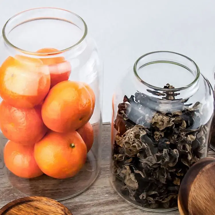 

High Borosilicate Large Honey Bottle Glass Jar Acacia Wooden Lid Clear Glass Jars For Food Storage