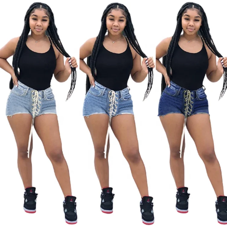 

Lace Up Front Blue High Waist Denim Shorts For Women