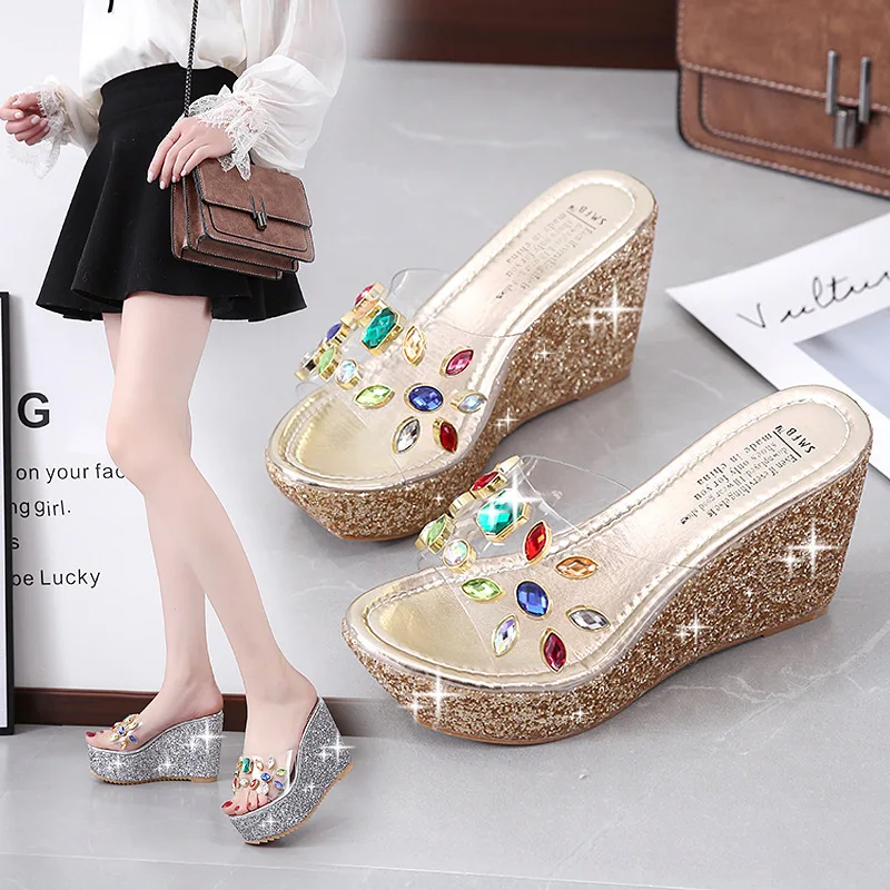 

Women Chunky Heel Casual Shoes Fashion Wholesale Crystal Slides Slippers Women High Heel Club Dresses PVC Shoes Platform Sandals