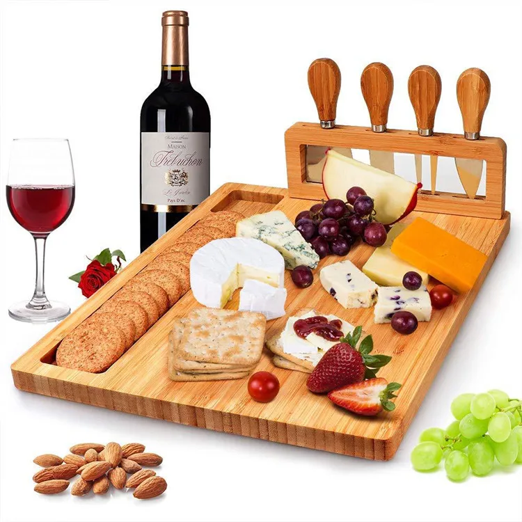 

Factory Wholesale Charcuterie Platter Natural Bamboo Cheese Board Set with Stainless Steel Cheese Knives for Wedding Party, Natural bamboo color