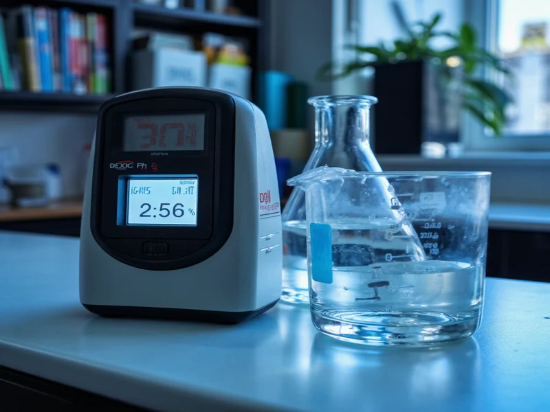 pH meter calibration setup with beaker