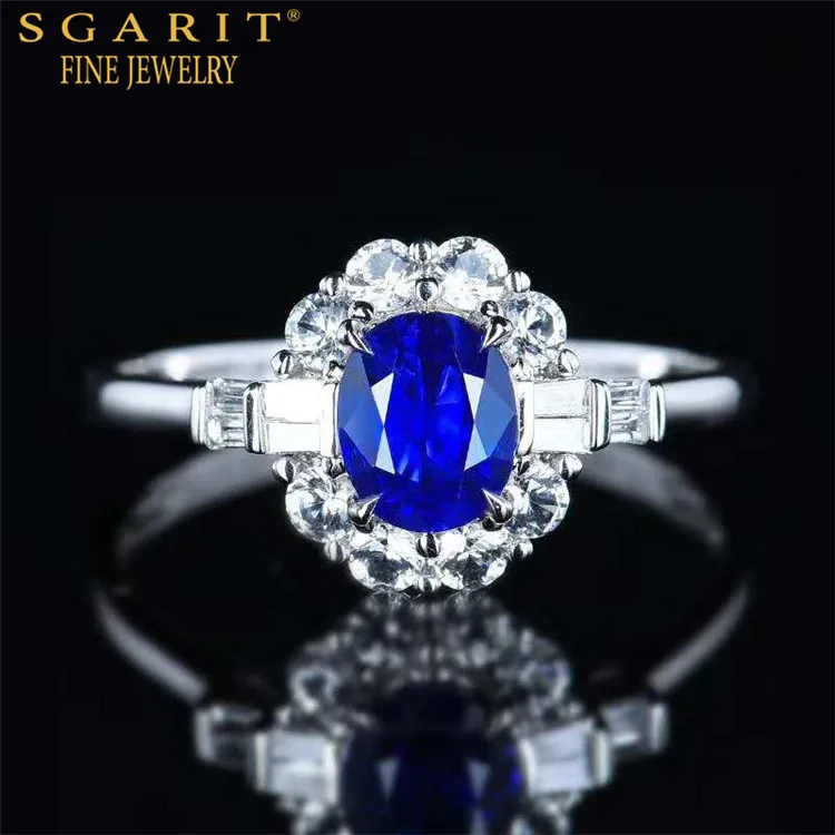 

SGARIT beautiful flower jewelry wedding gemstone ring 18k gold 0.83ct royal blue natural sapphire ring for women