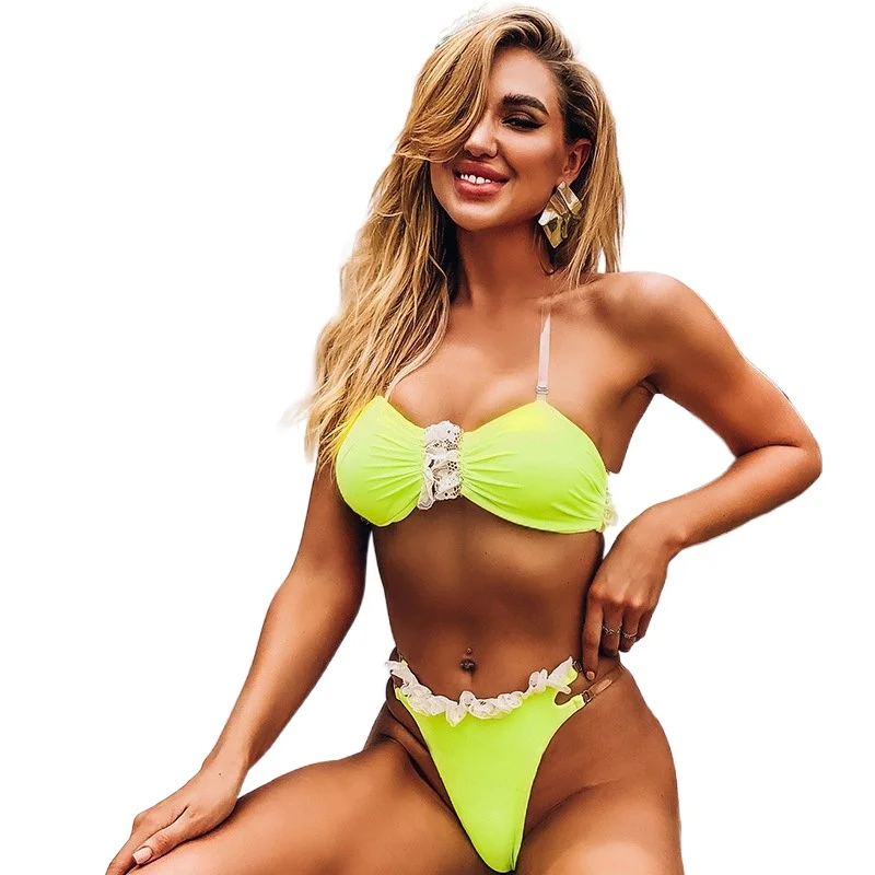 

2021 Latest Design Lace Adult Woman Fashion Neon Bikini Beachwear sexy Transparent Bandage Swinwear Buckle Swimsuit