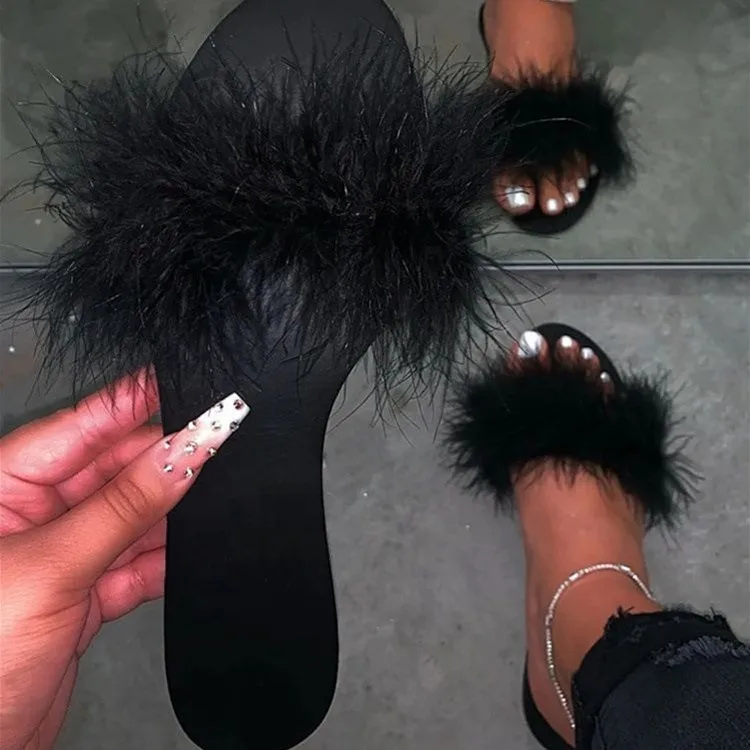 

Y20266 2020 Fashion Lady Flat Outdoor Open Toe Soft Fur Slide Faux Fur Womens Feather Slippers, Black;apricot,green