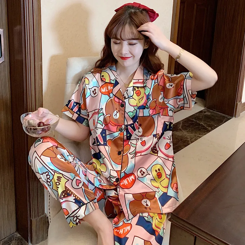 

2021 Summer Silk Pajama Short Sleeves Long Pants Women Pyjama Hiver Pijama De Saten Pillama Mujer Piyama Wanita Sleepwear Set