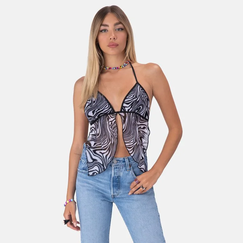 

polyester spandex printing halter sleeveless backless drawstrings bandage women tube crop top shirts blouse for women, Customized color