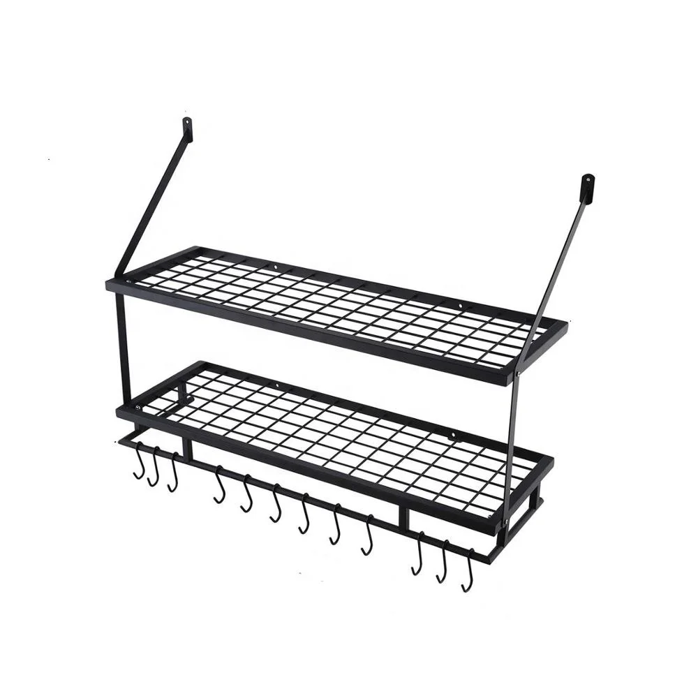 

Kitchen Pan Pot Rack Wall Mounted Hanging Storage Organizer 2-Tire Wall Shelf with 12 Hooks Matte Black