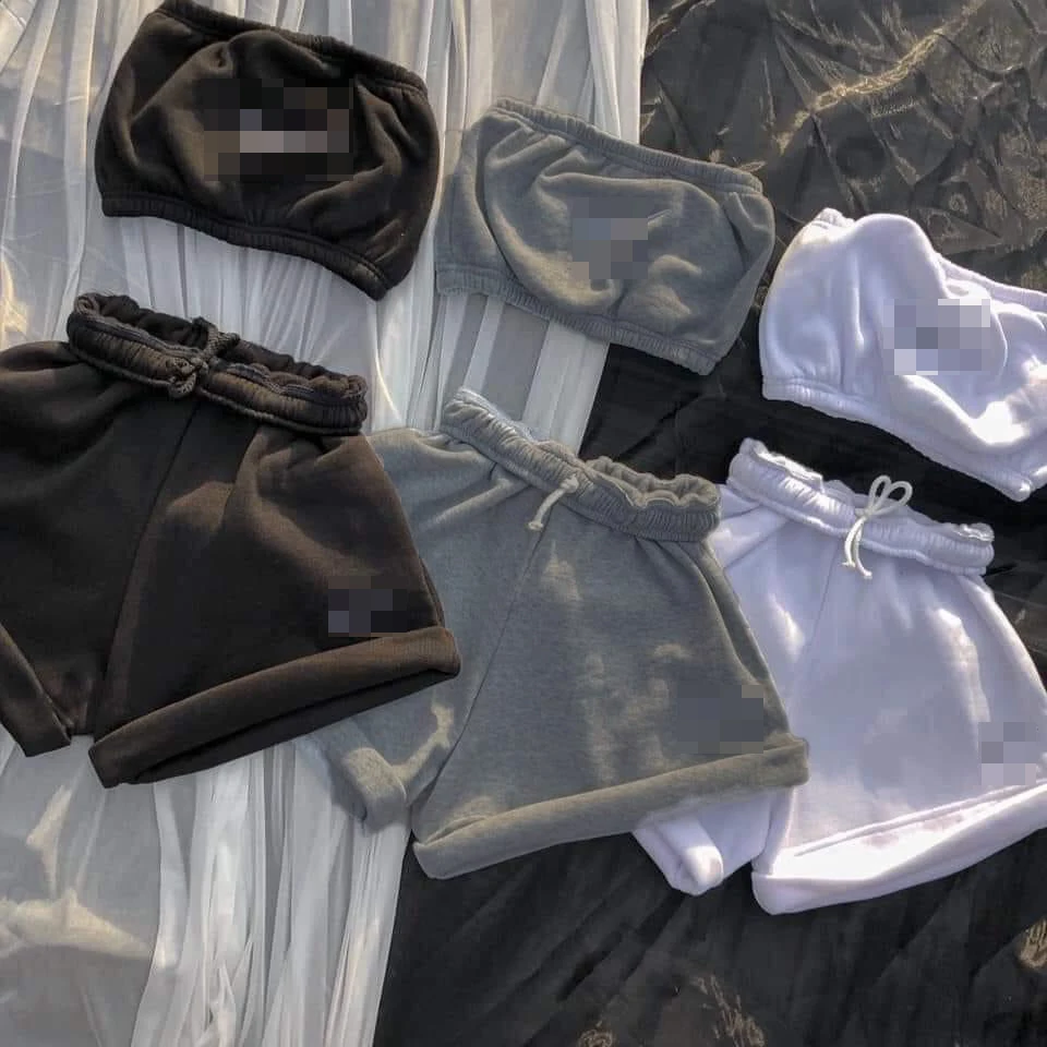 

2021 hot sale embroidery logo high quality women's casual two piece set solid color chest wrapped shorts two piece set