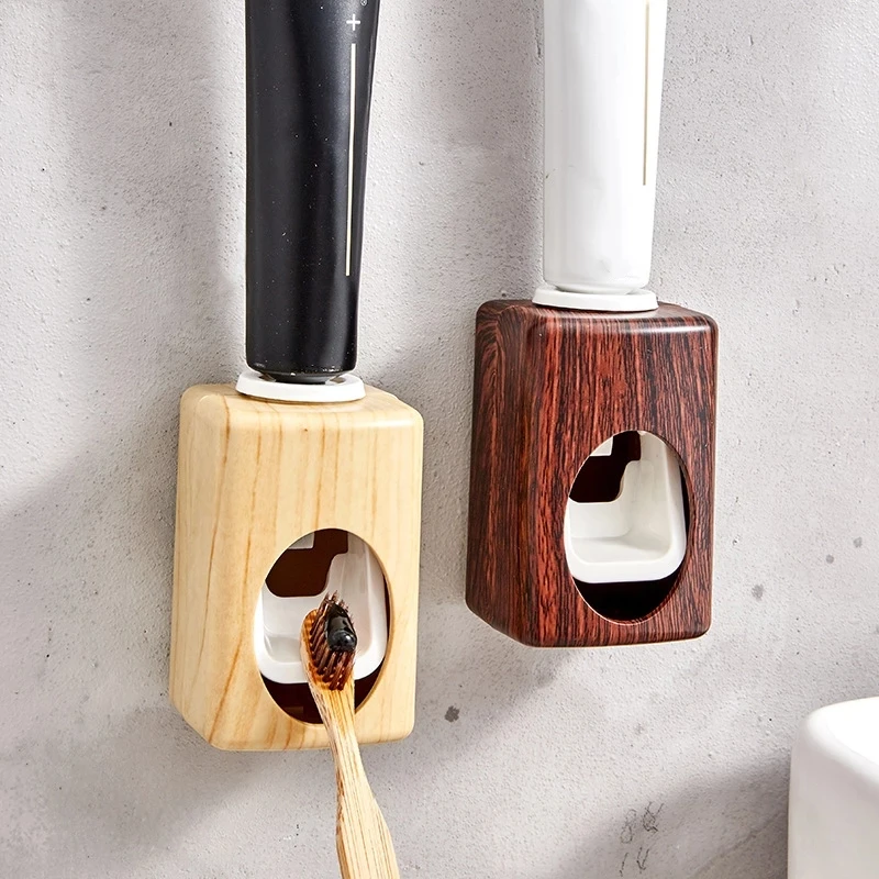 

Wood grain wheat straw wall mounted toothpaste squeezer dispenser toothbrush holder toothpast dispens, Dark, light