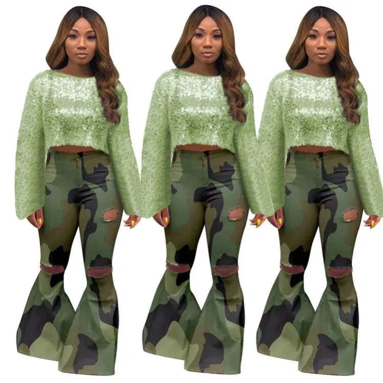 

HEBE Newest Design Women Fashionable Solid Color Round Neck Sequin Flare Sleeve Tops