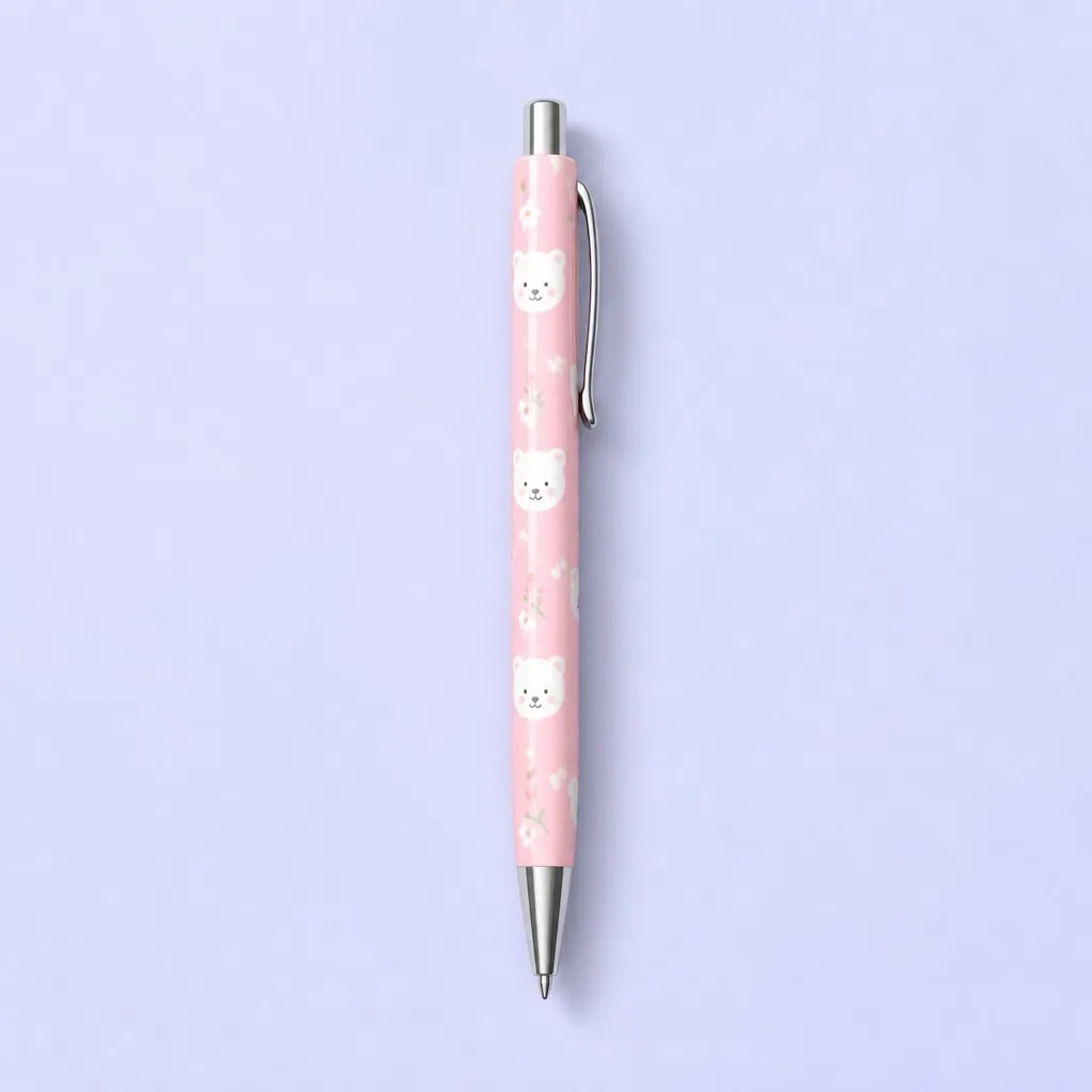 Cute pastel pink ballpoint pen with bear and flower pattern