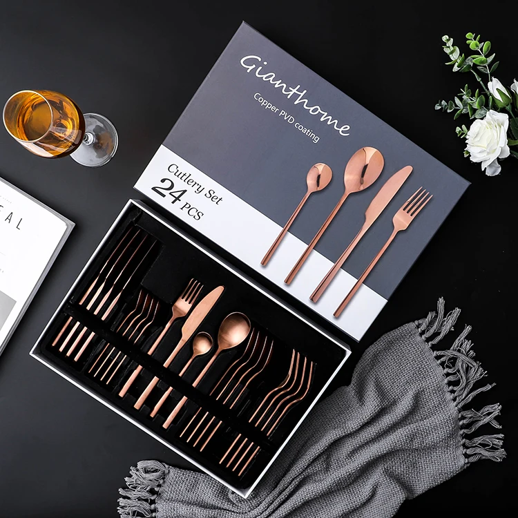 

24 piece vintage flatware stainless steel retro cutlery mirror polishing PVD copper 24 pcs stainless steel cutlery set
