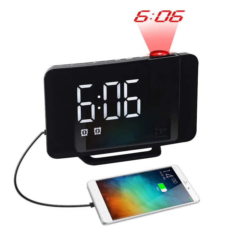 

Mirror Screen Digital LED FM Radio Time Projection Alarm Clock with Phone Charging Port, Black