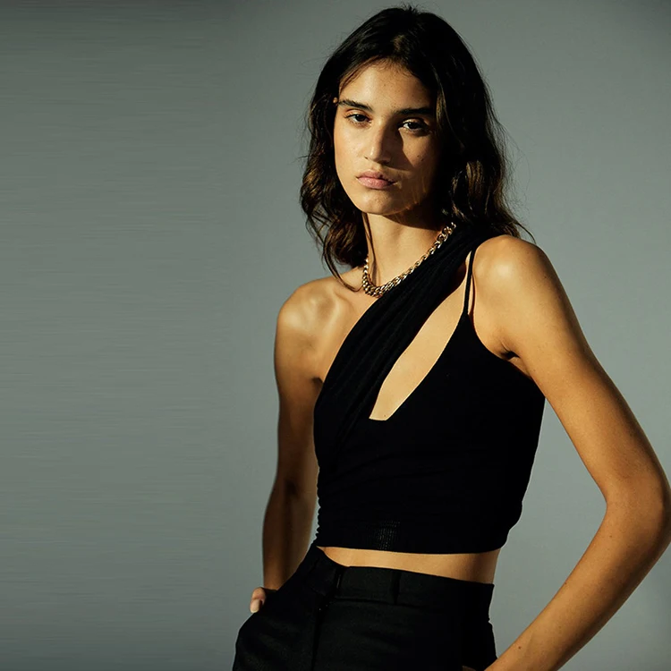 

Chic Solid One Shoulder Cropped Tank Top Trendy Inclined Shoulder Spaghetti Strap Fitted Cropped Top -SM, Green,black