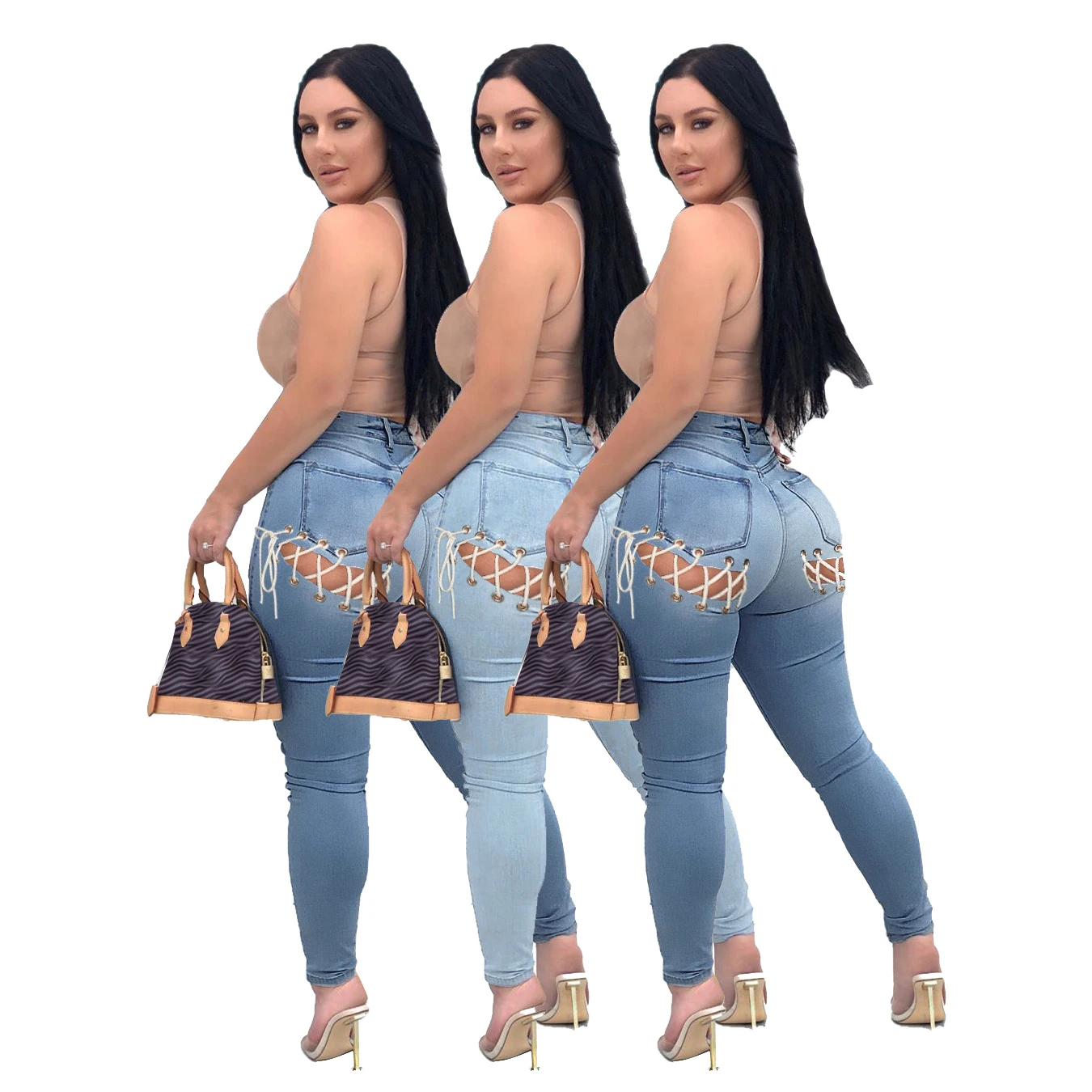 

Wholesale Fashion Women Jeans 2021 Bandage Ripped Plus Size Jeans Women's Denim Jeans, Light blue, medium blue