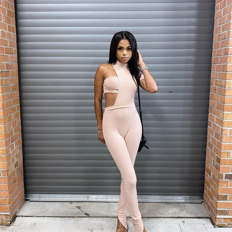 

One Shoulder Customized Casual Solid Color Women Sexy Sleeveless Bodycon Jumpsuit, 3color