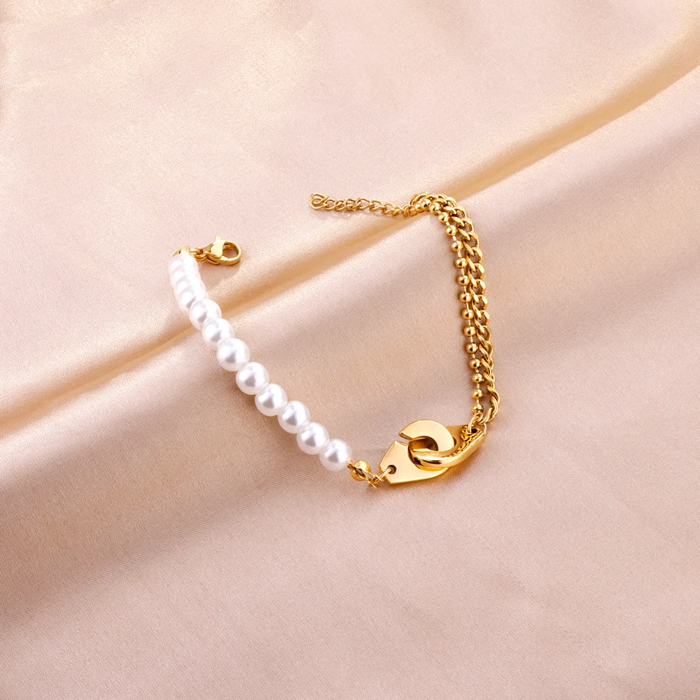 

Factory Bulk Stainless Steel Bracelet Silver Pearl 18 k Gold Plated Bracelet For Women, 18k gold