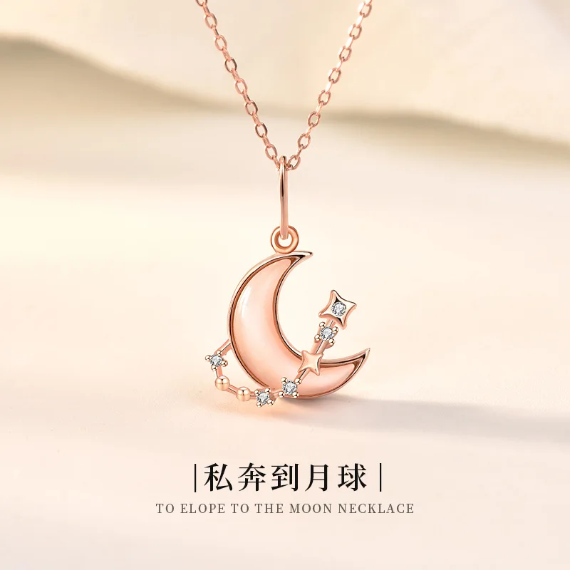 

Original Design 925 Sterling Silver Elope To The Moon Necklace Pendant Chocker Jewelry for Lovers Valentine's Day Present Gift, Rose gold