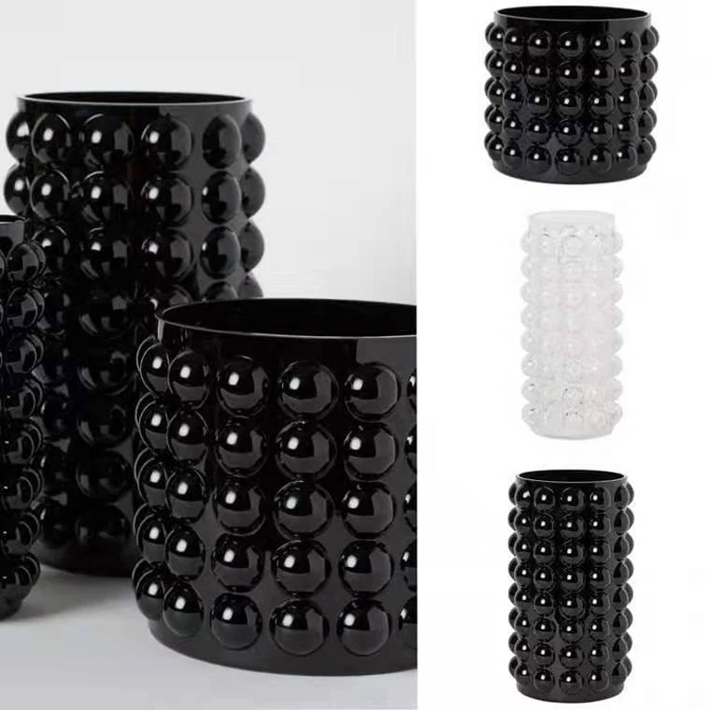 

Cheap INS Style 28cm Height Set of 3 Clear Dot Cylinder Black Glass Vase Modern