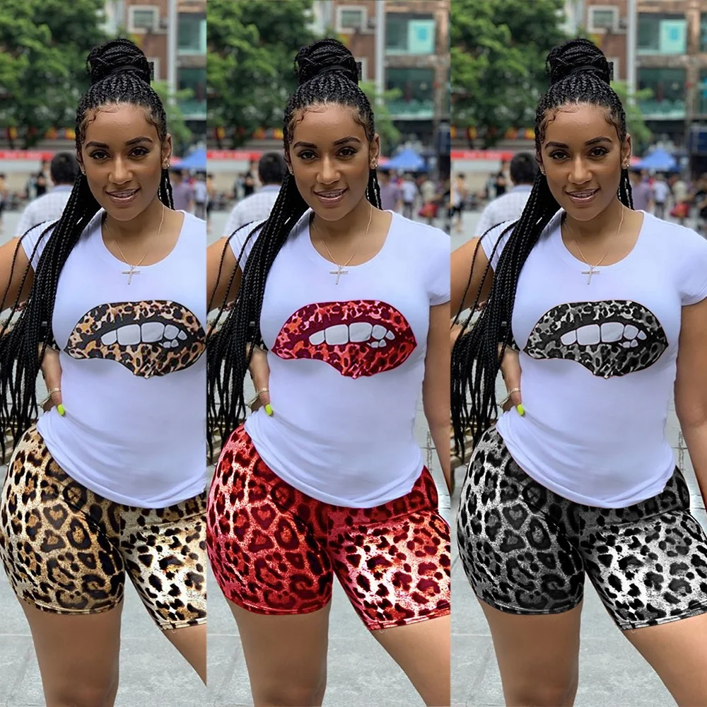 

MOQ 1PC 2020 hot sell QB5130 women leopard shorts and t shirt two piece set