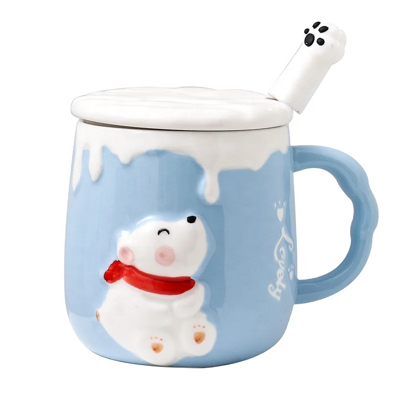 

UCHOME Cartoon Embossed Polar Bear Ceramic Water Cup with Lid Spoon Coffee Mug