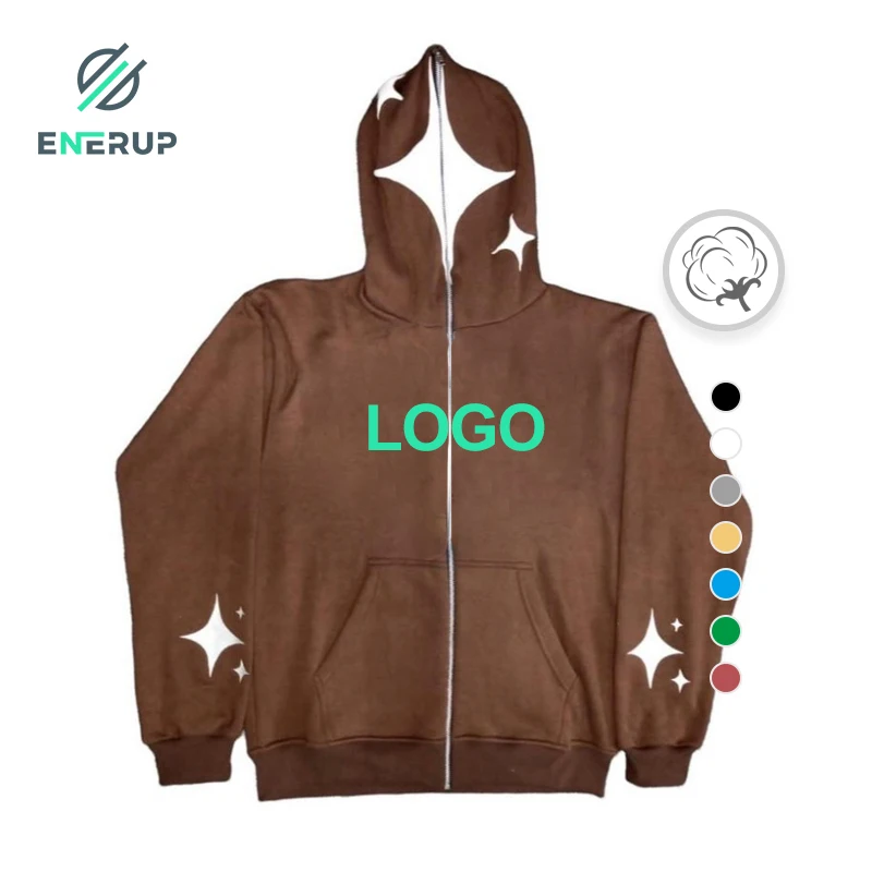 

Enerup custom washed Cotton full face zip up men's hoodie puff print Oversized 3D Logo