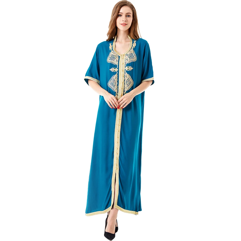 

Summer gulf arabic islamic clothing gowns women beaded embroidered open front muslim dress abayas rayon caftan moroccan kaftan, Cyan