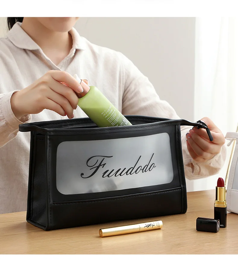 

factory sale clear beauty organizer ziplock makeup bag frosted cosmetics bag, Black;white