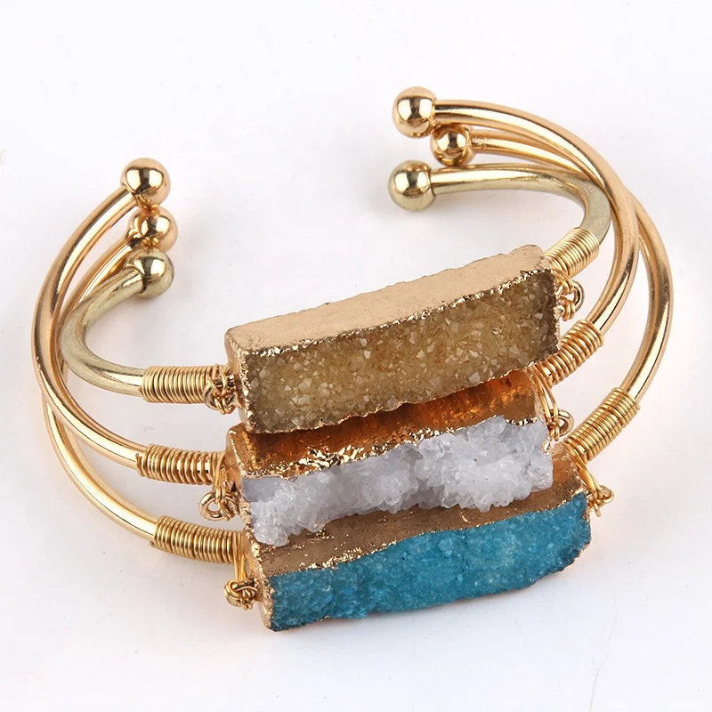 

Fashion 9 Different Color Druzy Jewelry Gold Plated Open Cuff Bangle Natural Rectangle Druzy Copper Bracelet Bangle