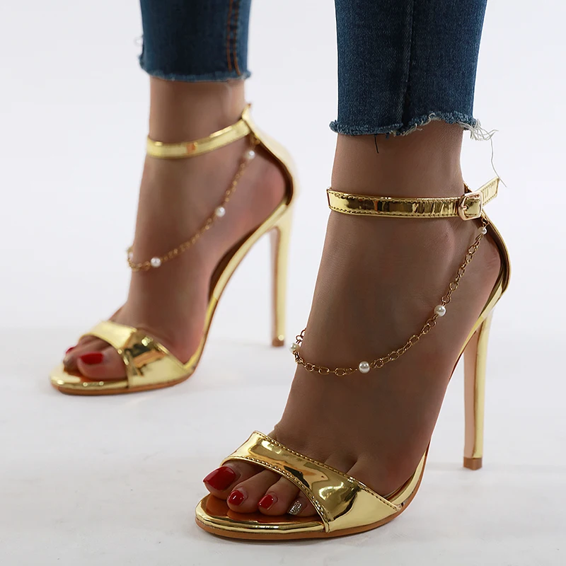 

Fancy Gold Women High-heeled Sandal Ladies Tiny Metal Chain Dress Summer Shoes Pearls Stiletto Sandals Pumps, Gold silver