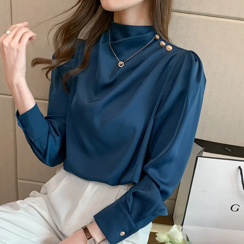 

zm31753c High quality Satin blouse puff sleeves for ladies spring 2021 women Shirt, White, red, black, blue