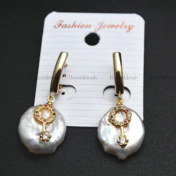 

Natural Fresh Water Pearl Coin Shape Beads Multi Color CZ Paved Key Charm Dangle Earrings Fashion Woman Jewelry