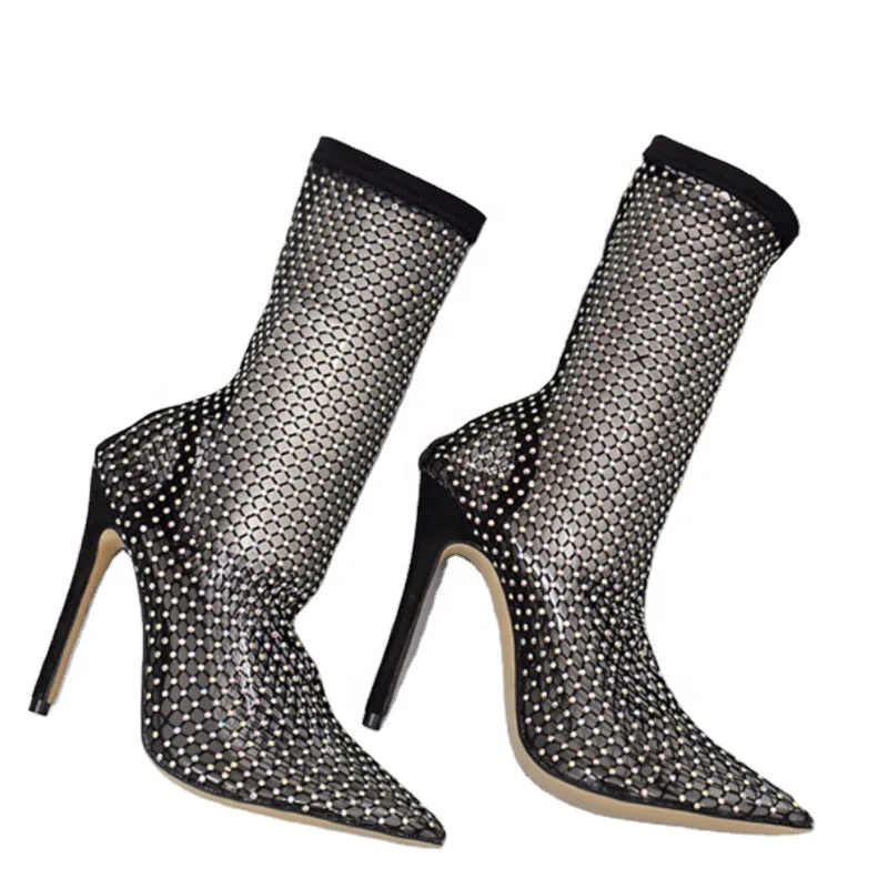 

ISEEYOUFIRST Shoes Woman Sexy Pointy Toe Rhinestone Mesh Anklel Boots New Arrivals 2020 Ladies Shoes Stiletto Heel Black