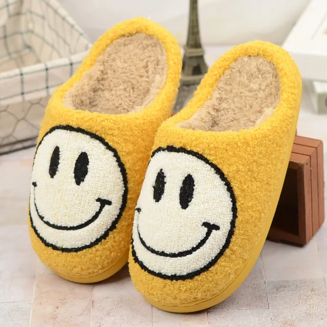 

2022 new arrival Home Cute Smile Face Pattern Smiley Slipper Plush Toy Smiling Face Indoor Furry Slippers Bedroom, As photos,or as your request