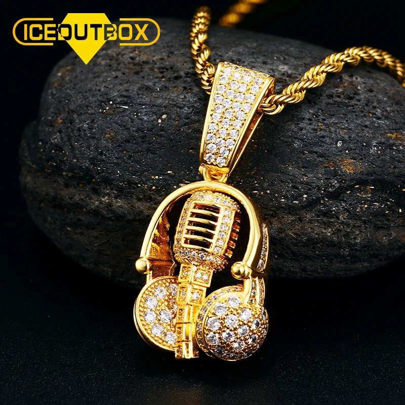 

Rapper OPK Rock Music Headphones Iced Out Cubic Zirconia Gold Microphone Pendant Full of Zircon Hip Hop Necklace, Gold/silver/rose gold