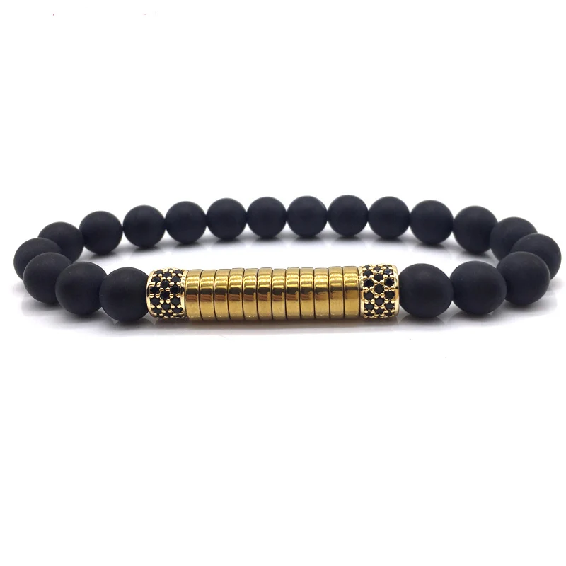 

matte black onyx men CZ diamond tube hematite beaded bracelet