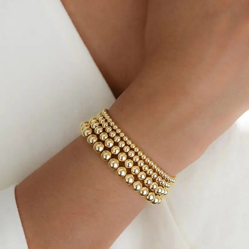 European American Wholesale Elastic Geometric 3mm 4mm 5mm 6mm 8mm Gold Hematite Small Round Gold Bead Bracelet for Women Men