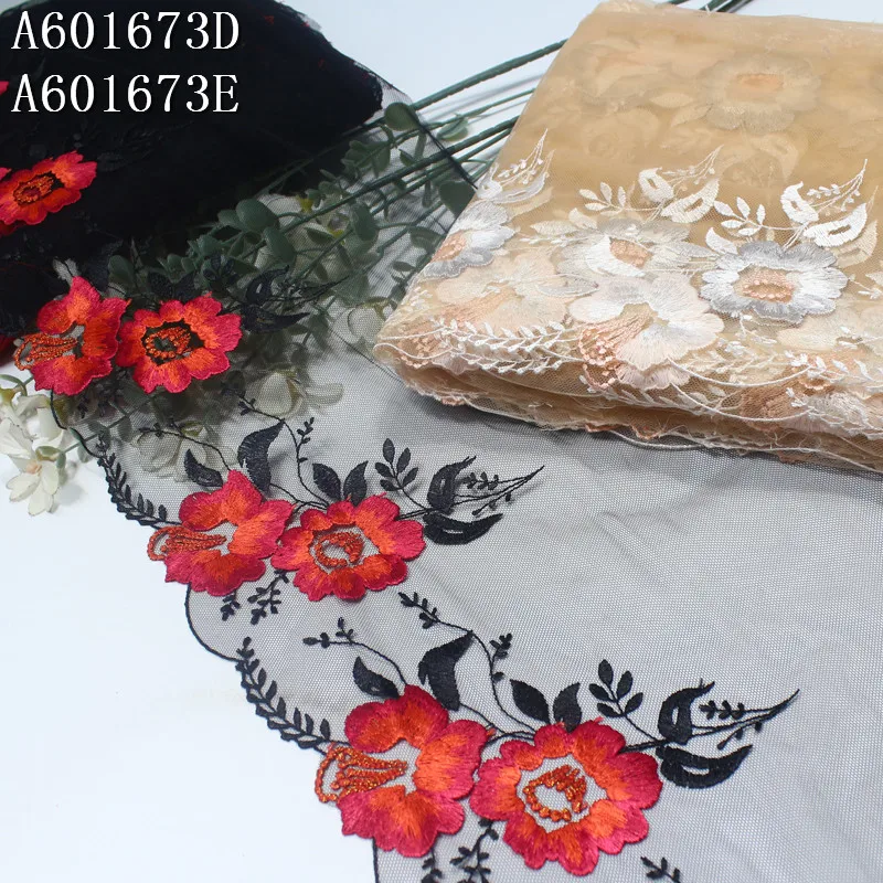 Latest OEM Embroidery Net Lace 25CM Coloful Red Flower Tulle Lace Trim Black Nude Mesh Lace Fabrics for Dress Garment Party