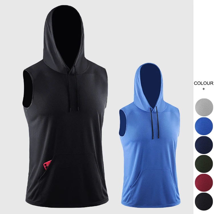 

Men's Gym Sports Hooded Loose Fitness MountaineeringJacket Solid Color Sleeveless Vest Quick Drying Mesh Breathable Top, Customized color