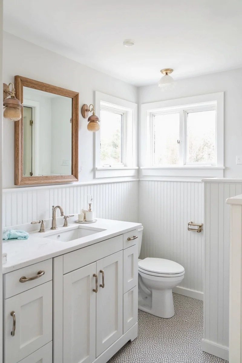 Rustic wood accents in farmhouse bathroom