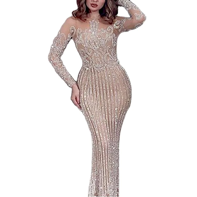 

Luxury Long Sleeve Gold Mermaid Prom Sexy Long Party Wear Gowns Woman, Picture