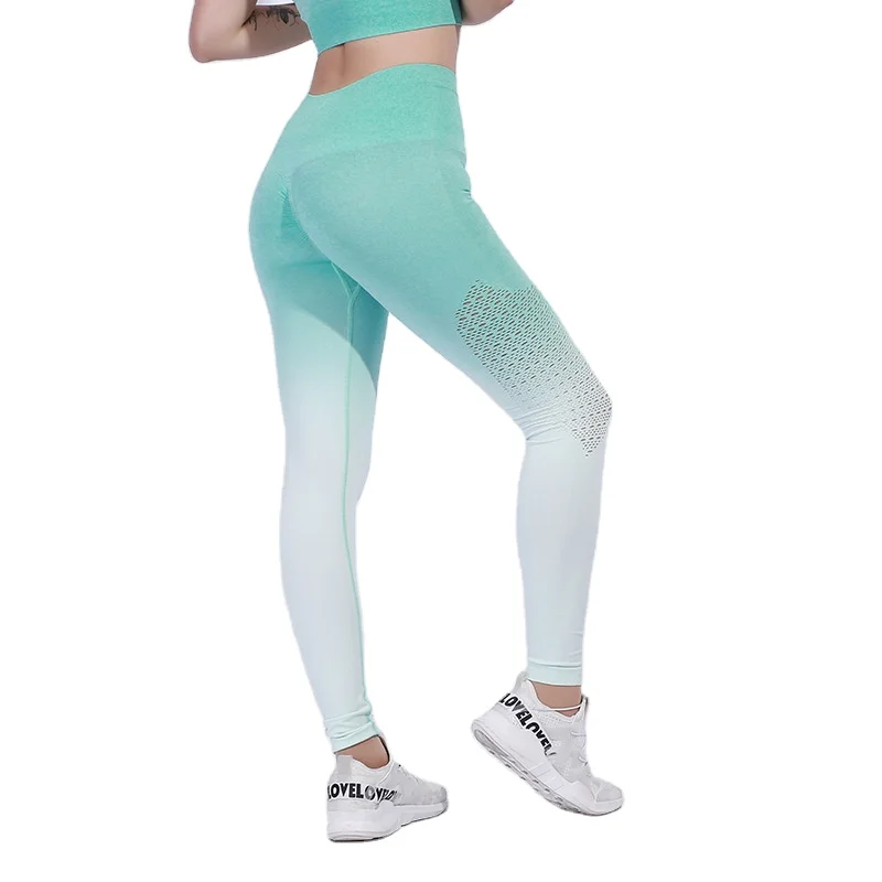 

2021 New Hollow Gradient Color Yoga Pants Seamless High Stretch Sports Pants High Waist Tight Fitness Pants
