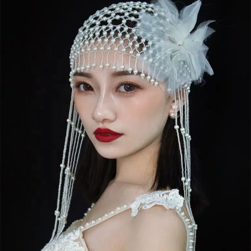 

Handmade Hollowed Pearl Forehead Headpiece Bridal Head Chain for Women Luxury Head Cap Hat Tassel Pearls Headband