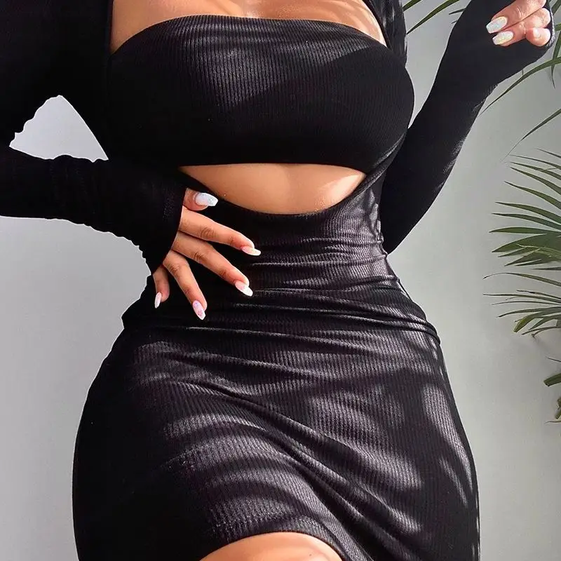 

Knit Long Sleeve 2 Piece Mini Dress Casual Bodycon Sexy Evening Elegant Wholesale Clothes Women 2021 Summer Fall Apparel